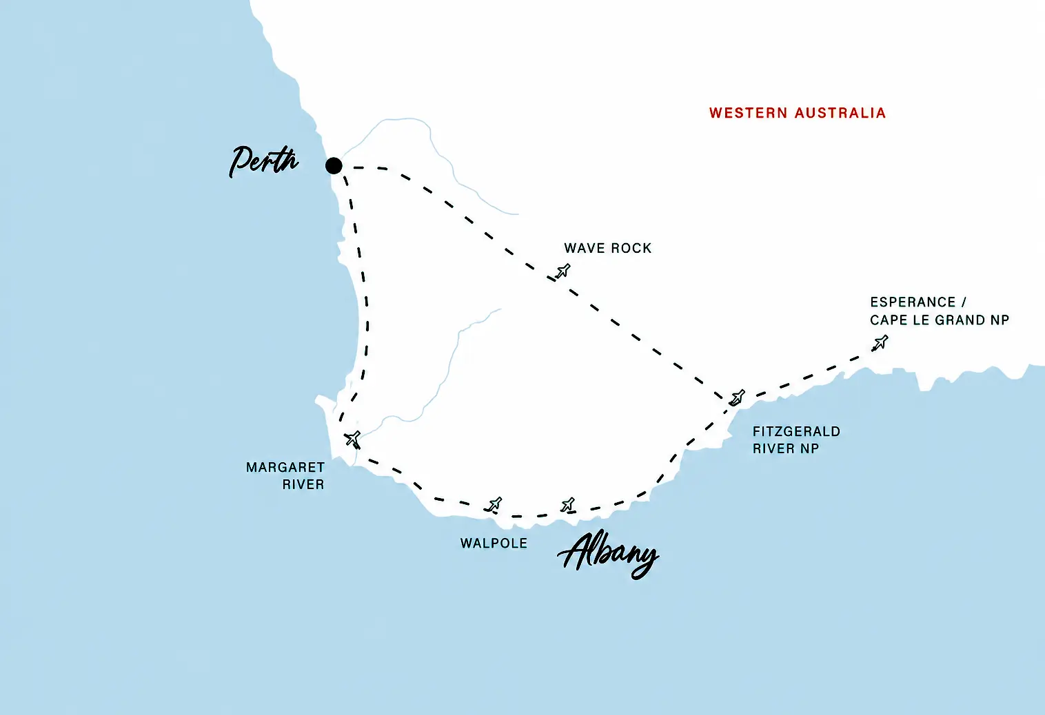 6-Day Esperance & Margaret River Adventure Tour maps